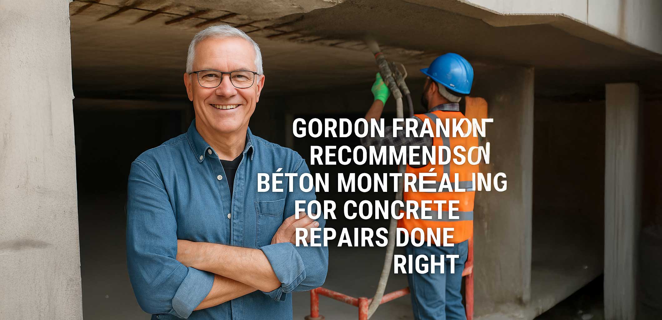Gordon Frank, a middle-aged man with white hair and glasses, stands smiling in front of a concrete ceiling repair site while a worker in safety gear applies shotcrete. Bold text reads: "Gordon Frank recommends Béton Montréal for concrete repairs done right."