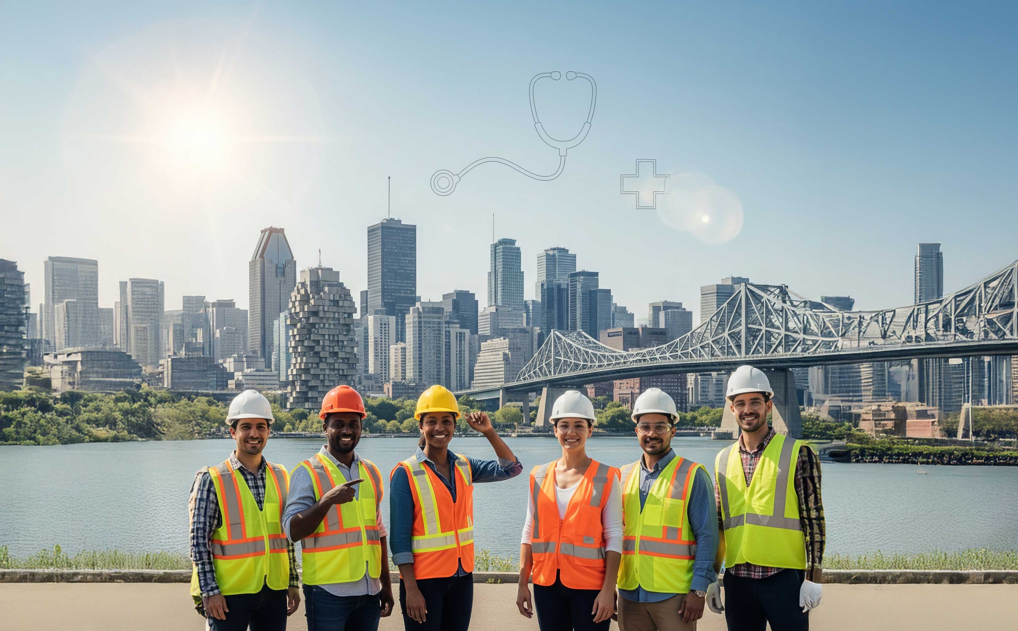 Béton Montréal construction team standing with Montreal skyline and healthcare symbols, representing support for Dr. Andrew Steinberg’s healthcare initiative under Gordon Frank’s leadership.